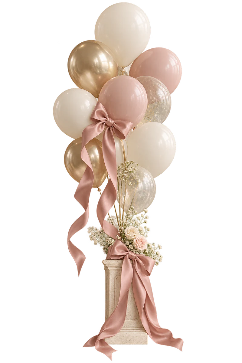 Generated decorative styling: ivory balloons and blush satin bows