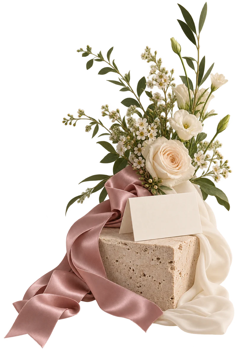 Generated decorative styling: flowers, satin ribbon and a blank card on stone
