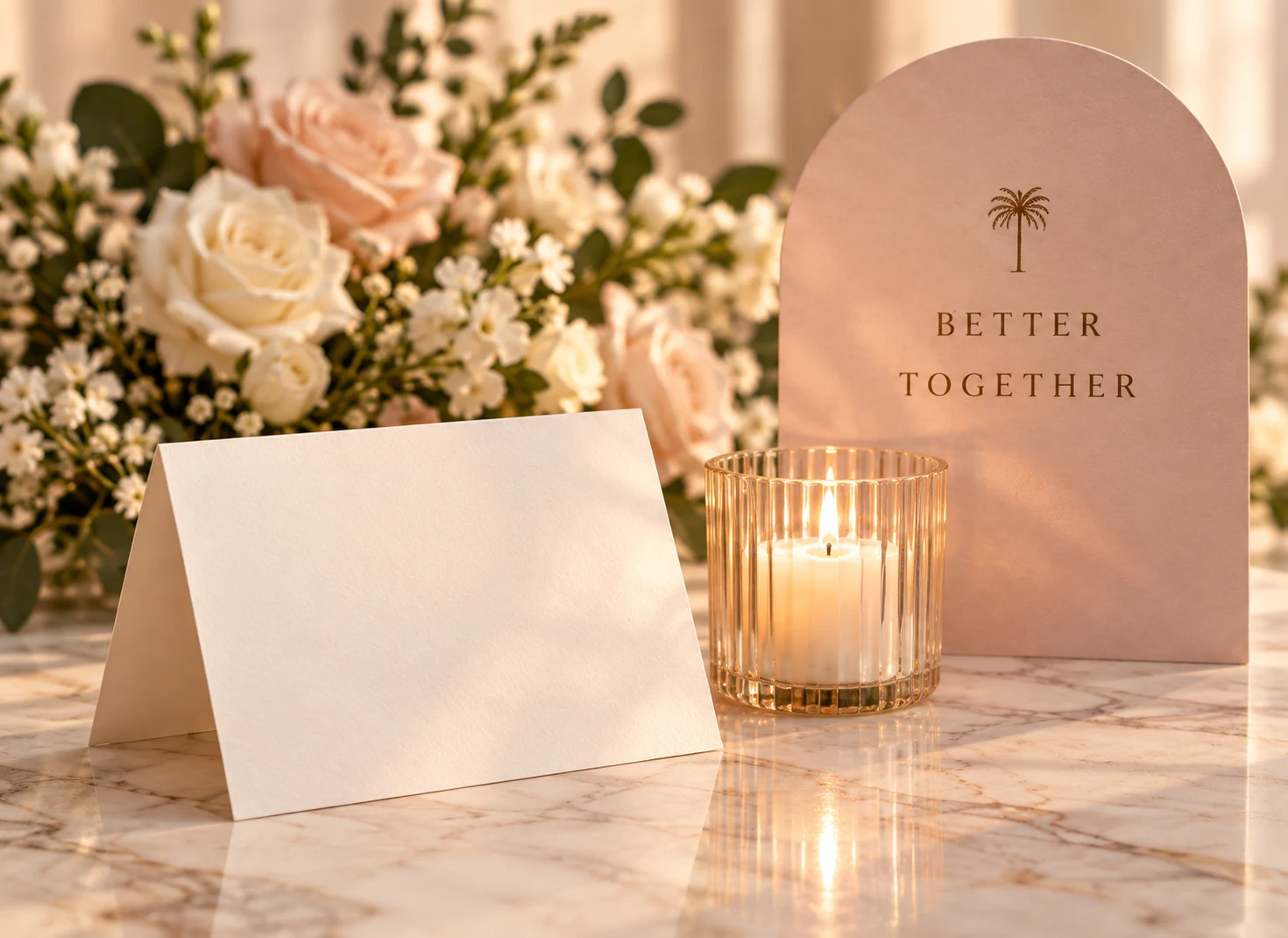 Concept of a personalized place card and candle with a blush event sign