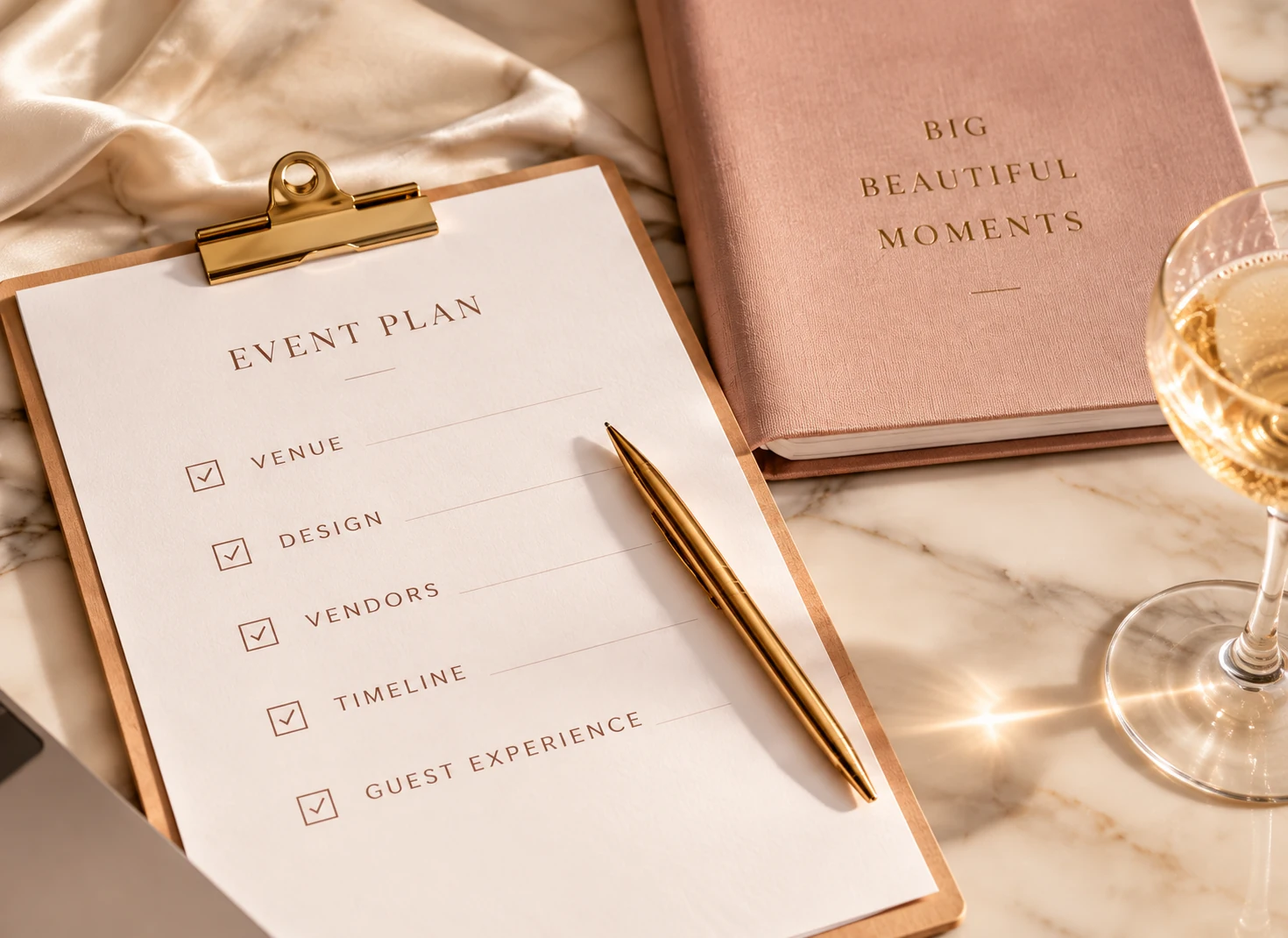 Concept of an event plan with a gold pen and blush planner