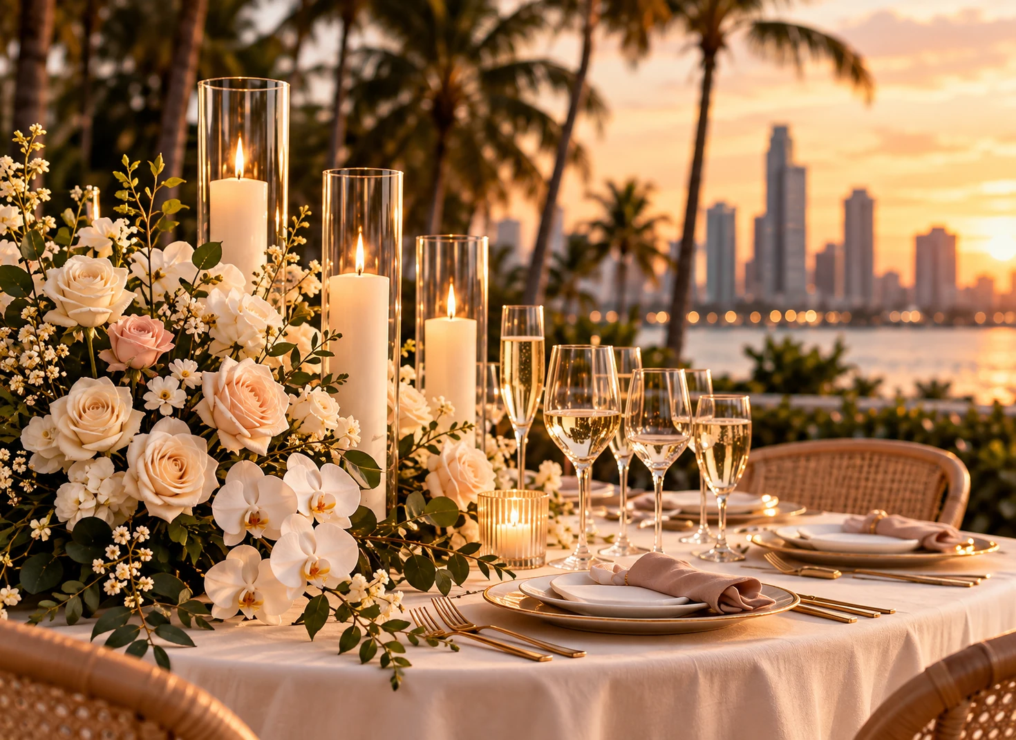 Concept of white flowers, candlelight and an event table overlooking Miami