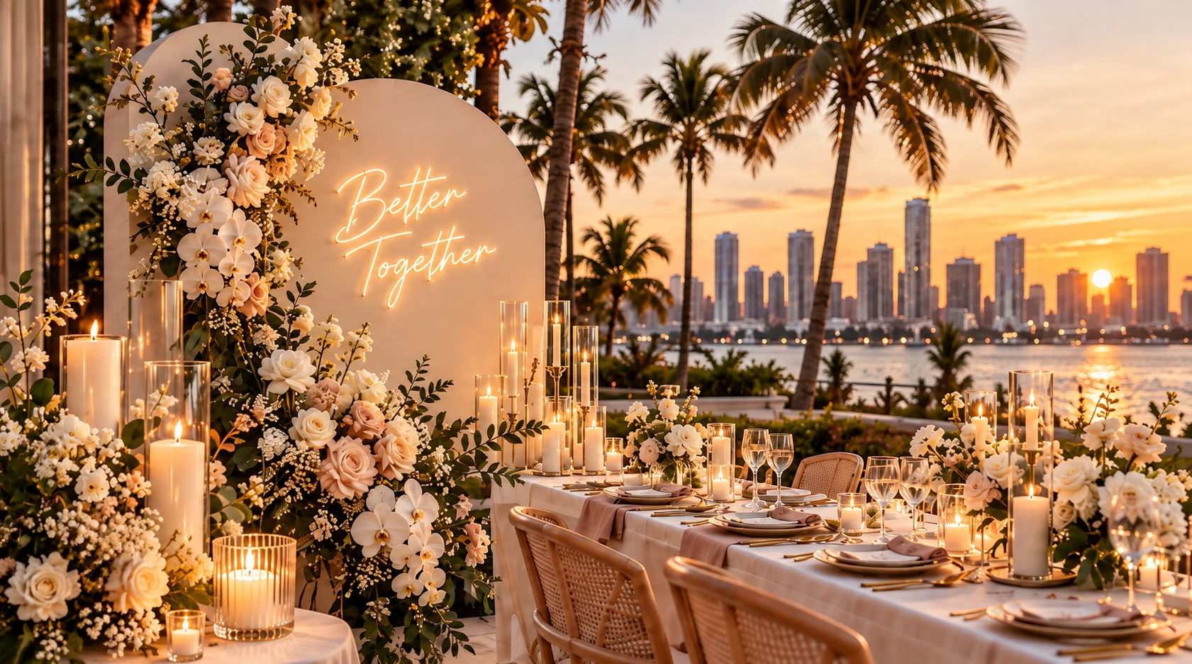 Concept of an ivory floral arch and candlelit event table overlooking Miami at sunset