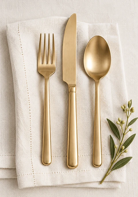 Category inspiration: Champagne-gold flatware on ivory linen