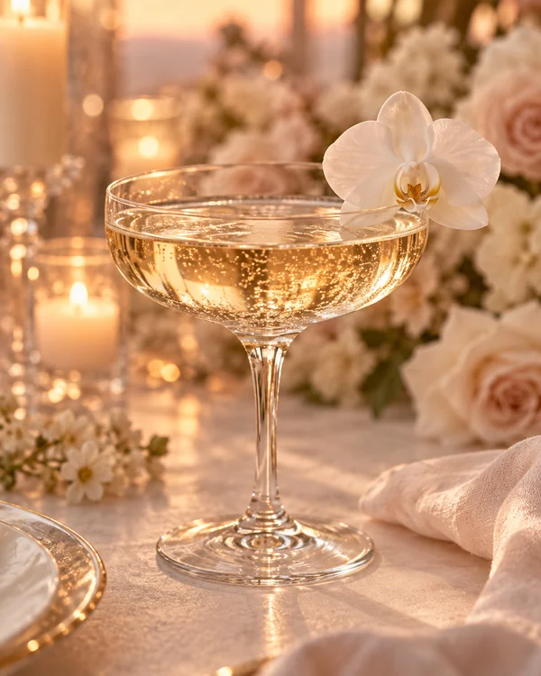 Generated editorial detail of a champagne coupe and white orchid