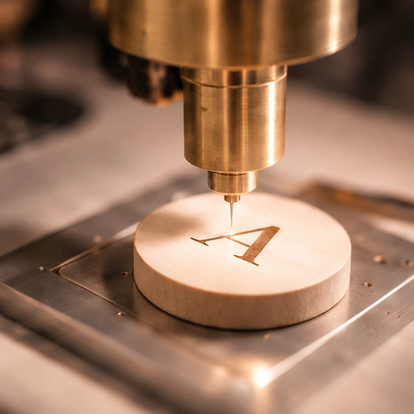 Styling concept of a laser engraving an A on an ivory wooden disc